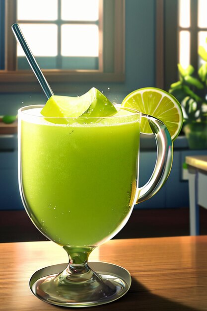 Un verre de délicieuse boisson de kiwi vert sur la table de la cuisine