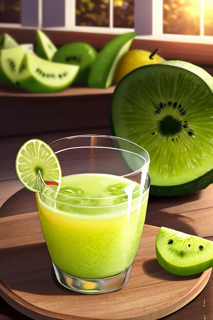 Un verre de délicieuse boisson de kiwi vert sur la table de la cuisine