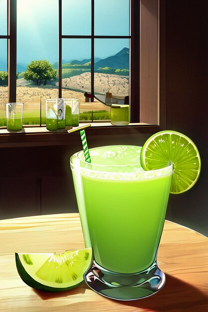 Un verre de délicieuse boisson de kiwi vert sur la table de la cuisine