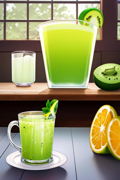 Photo un verre de délicieuse boisson de kiwi vert sur la table de la cuisine