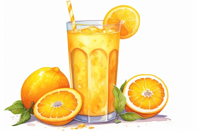 Verre dessiné à la main avec du jus et des oranges Belle image d'illustration Generative AI