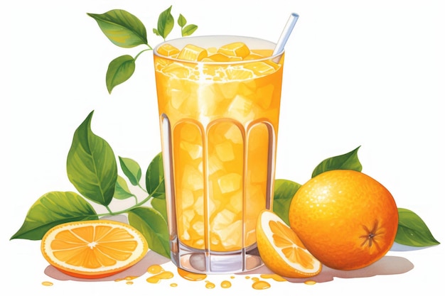 Verre dessiné à la main avec du jus et des oranges Belle image d'illustration Generative AI