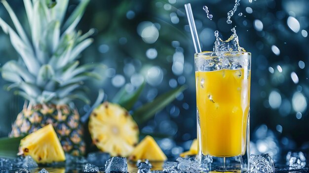 Verre avec du jus d'ananas, de l'ananas et des éclaboussures d'eau générées par l'IA