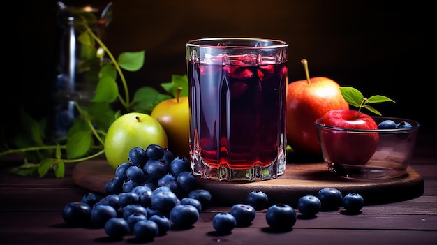 Un verre avec du jus de bleuet et de pomme biologique