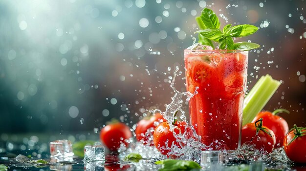 Verre avec du jus de tomate et des éclaboussures d'eau en arrière-plan générées par l'IA