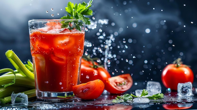 Verre avec du jus de tomate et des éclaboussures d'eau en arrière-plan générées par l'IA