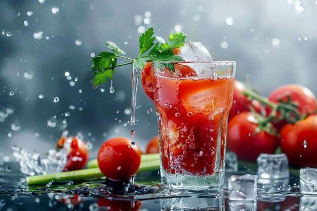 Verre avec du jus de tomate et des éclaboussures d'eau en arrière-plan générées par l'IA