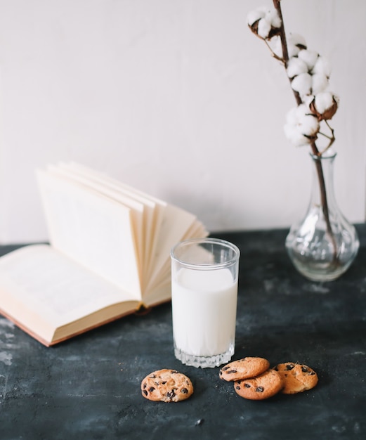 verre avec du lait frais et des biscuits à l'avoine au chocolat pour le petit déjeuner