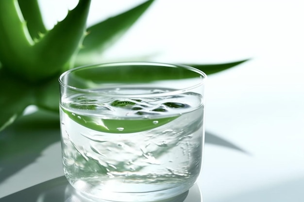 Un verre d'eau d'aloe vera est posé sur une table devant une plante.