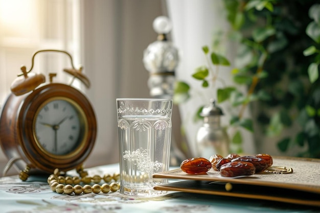 Photo un verre d'eau assis sur le dessus d'une table à côté d'une horloge