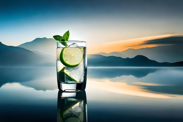 Un verre d'eau avec un citron vert et des glaçons dessus