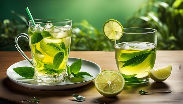 un verre d'eau avec des citrons et des feuilles de menthe sur une table