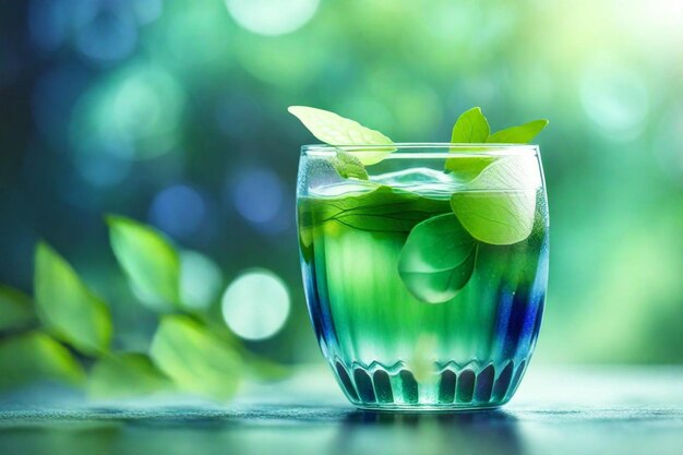 un verre d'eau avec des citrons et des feuilles de menthe