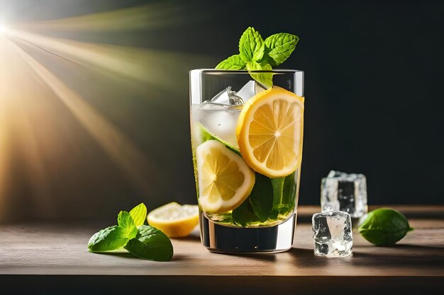 Un verre d'eau avec des citrons verts et des feuilles de menthe