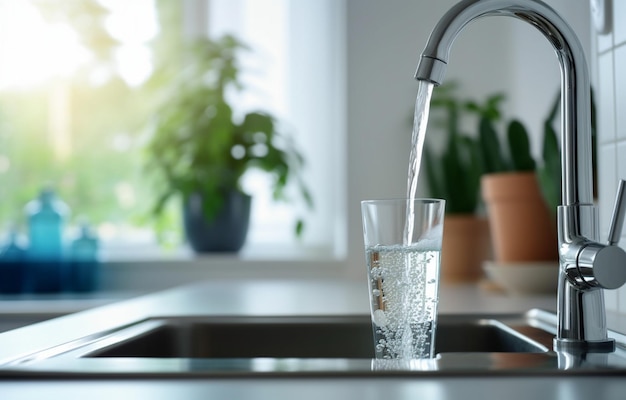 Verre avec de l'eau claire et robinet sur fond de cuisine