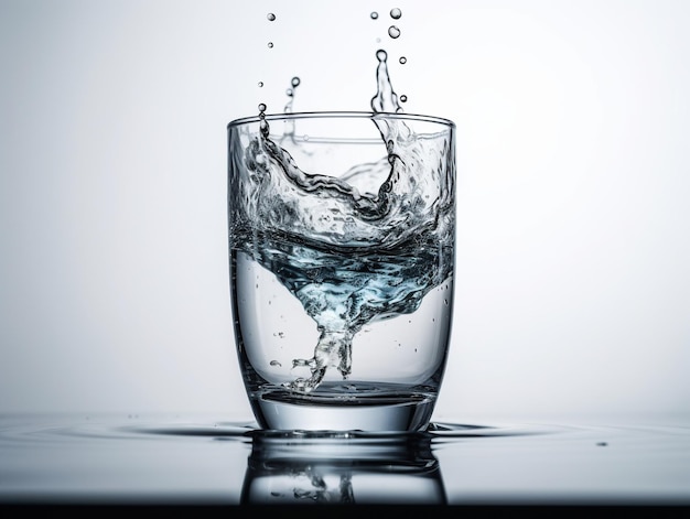 Un verre d'eau contient une éclaboussure d'eau.