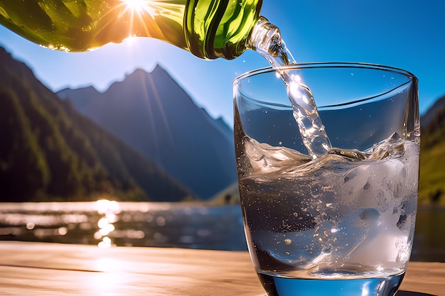 Un verre d'eau cristalline avec des éclaboussures sur le fond de la nature dans les montagnes