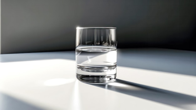 Un verre d'eau cristalline se dresse élégamment sur un fond gris neutre.