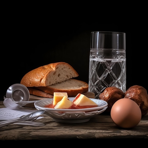 Un verre d'eau et du pain sur une table avec un couteau et une fourchette.