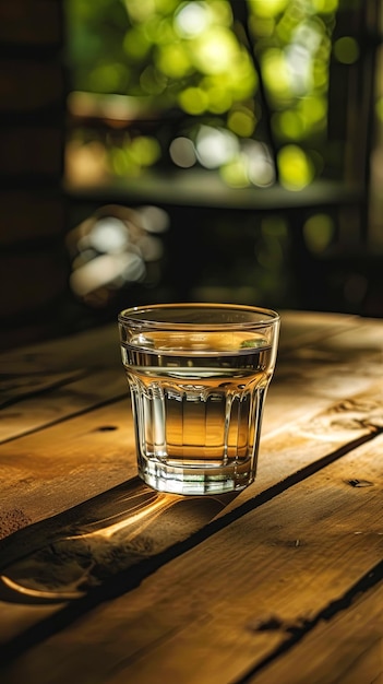 Un verre d'eau est posé sur une table en bois.