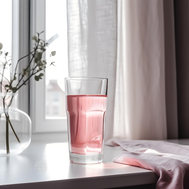 Un verre d'eau est posé sur une table à côté d'un vase de fleurs.
