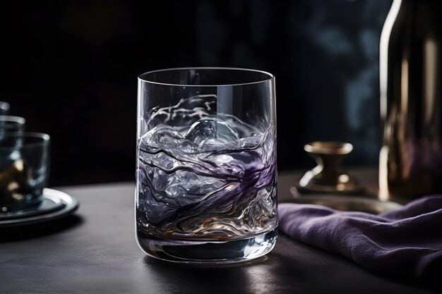 Un verre d'eau est posé sur une table avec une serviette violette.