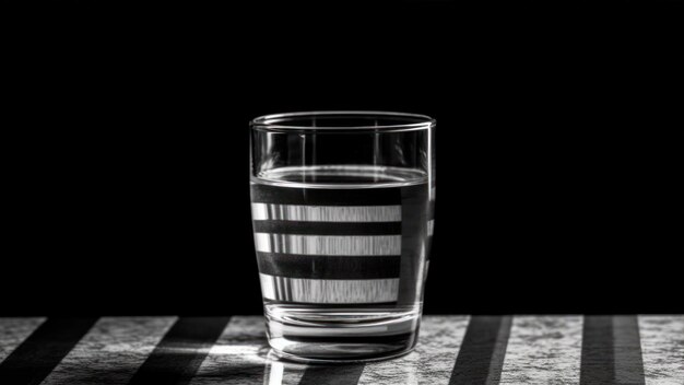 Un verre d'eau est sur une table avec un fond noir.