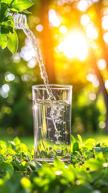 Un verre d'eau est versé d'une bouteille dans un verre