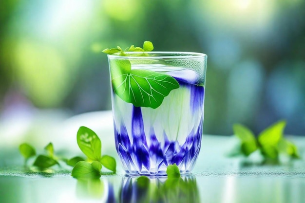 un verre d'eau avec une feuille dessus et quelques feuilles sur la table