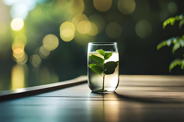 Un verre d'eau avec une feuille verte dedans