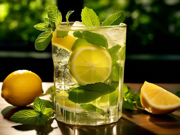 Un verre d'eau avec des feuilles de citron et de menthe.