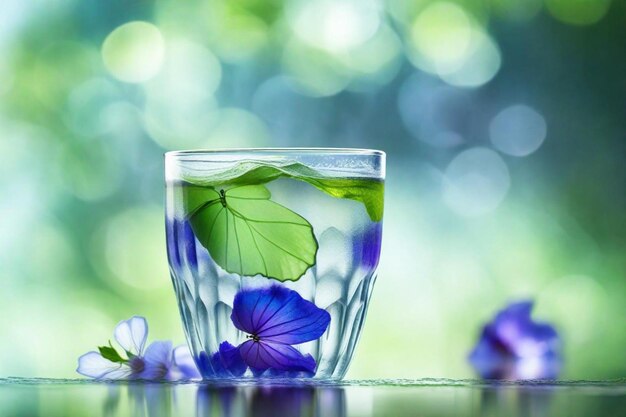 un verre d'eau avec une fleur dedans et des fleurs violettes dedans