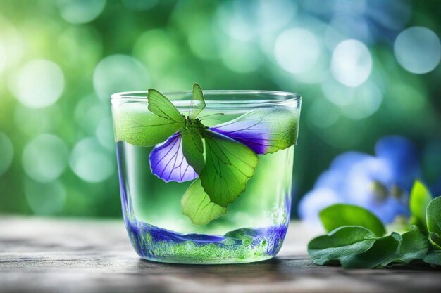 un verre d'eau avec une fleur et une feuille sur le côté