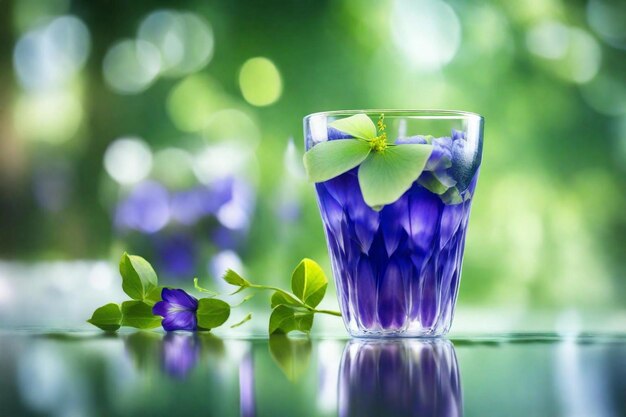 un verre d'eau avec une fleur et une feuille verte