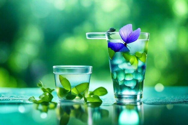 Photo un verre d'eau avec une fleur et des feuilles dedans