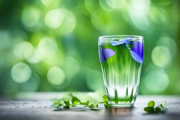 Photo un verre d'eau avec une fleur et des feuilles vertes sur la table