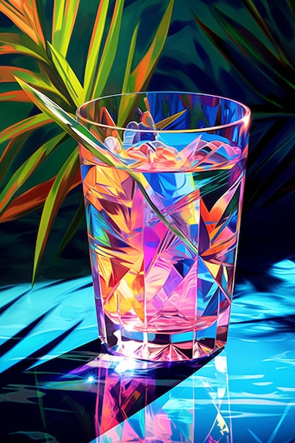un verre d'eau avec des fleurs colorées au fond.