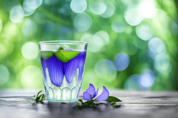 un verre d'eau avec des fleurs violettes et une feuille verte