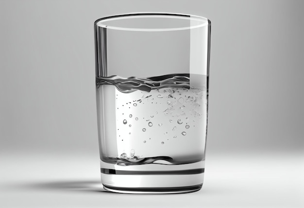 Un verre d'eau avec un fond blanc et une bordure argentée.