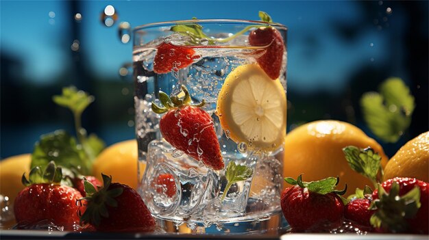 Un verre d'eau avec des fraises et des citrons