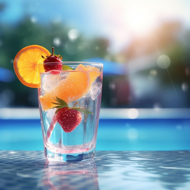 Photo un verre d'eau avec des fraises et des oranges.