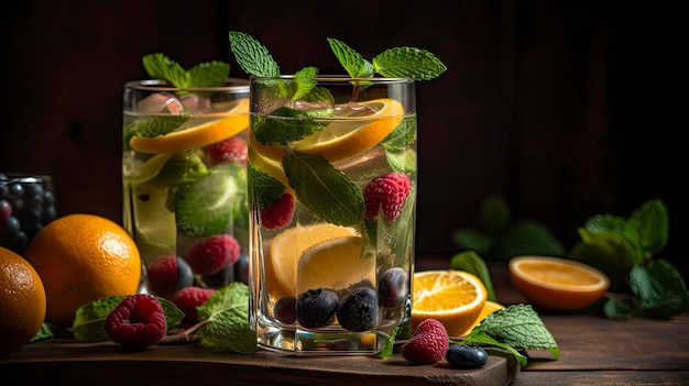 Un verre d'eau avec des fruits à côté