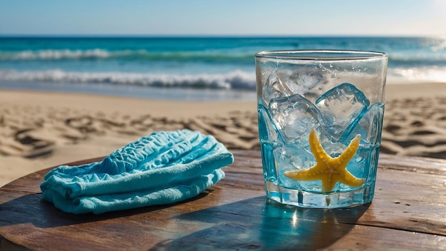 un verre d'eau avec de la glace et une étoile de mer sur une table près de la plage