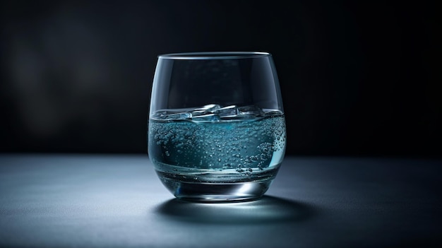 Verre d'eau avec de la glace sur la table dans la chambre noire ai générative