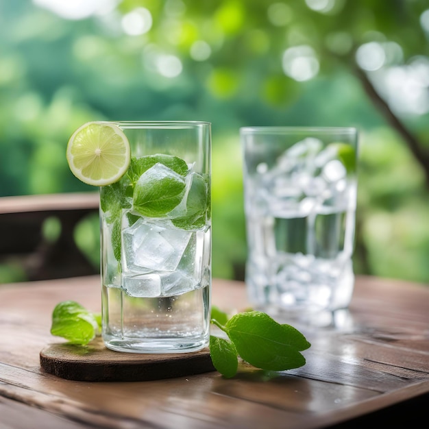 un verre d'eau glacée et un citron sur une table