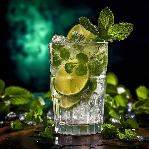 un verre d'eau glacée avec des citrons et des citrons sur une table.