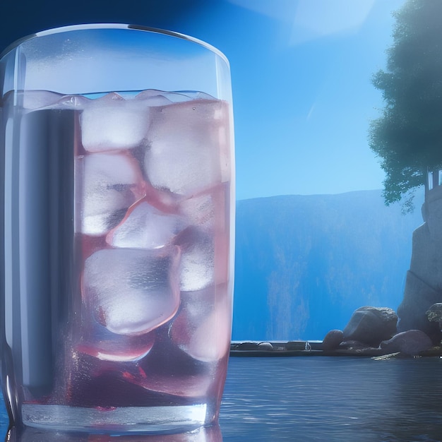 Un verre d'eau glacée avec une montagne en arrière-plan.
