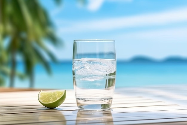 Un verre d'eau glacée sur une table avec un fond de plage