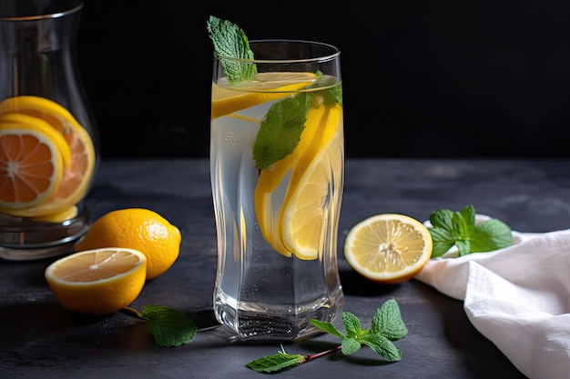 Verre d'eau infusée aux fruits avec une tranche de citron et un brin de menthe créé avec une IA générative