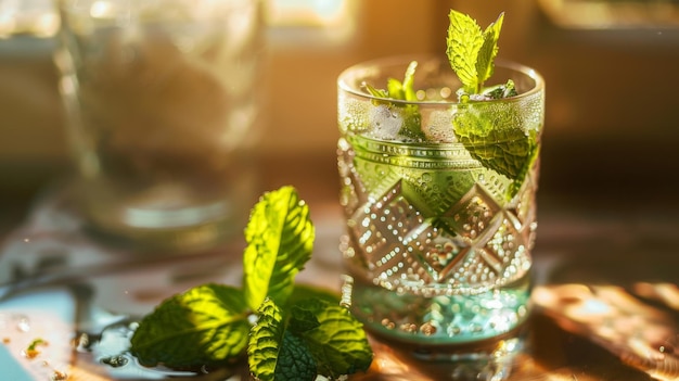 Un verre d'eau à la menthe sur une table avec des feuilles de plantes terrestres